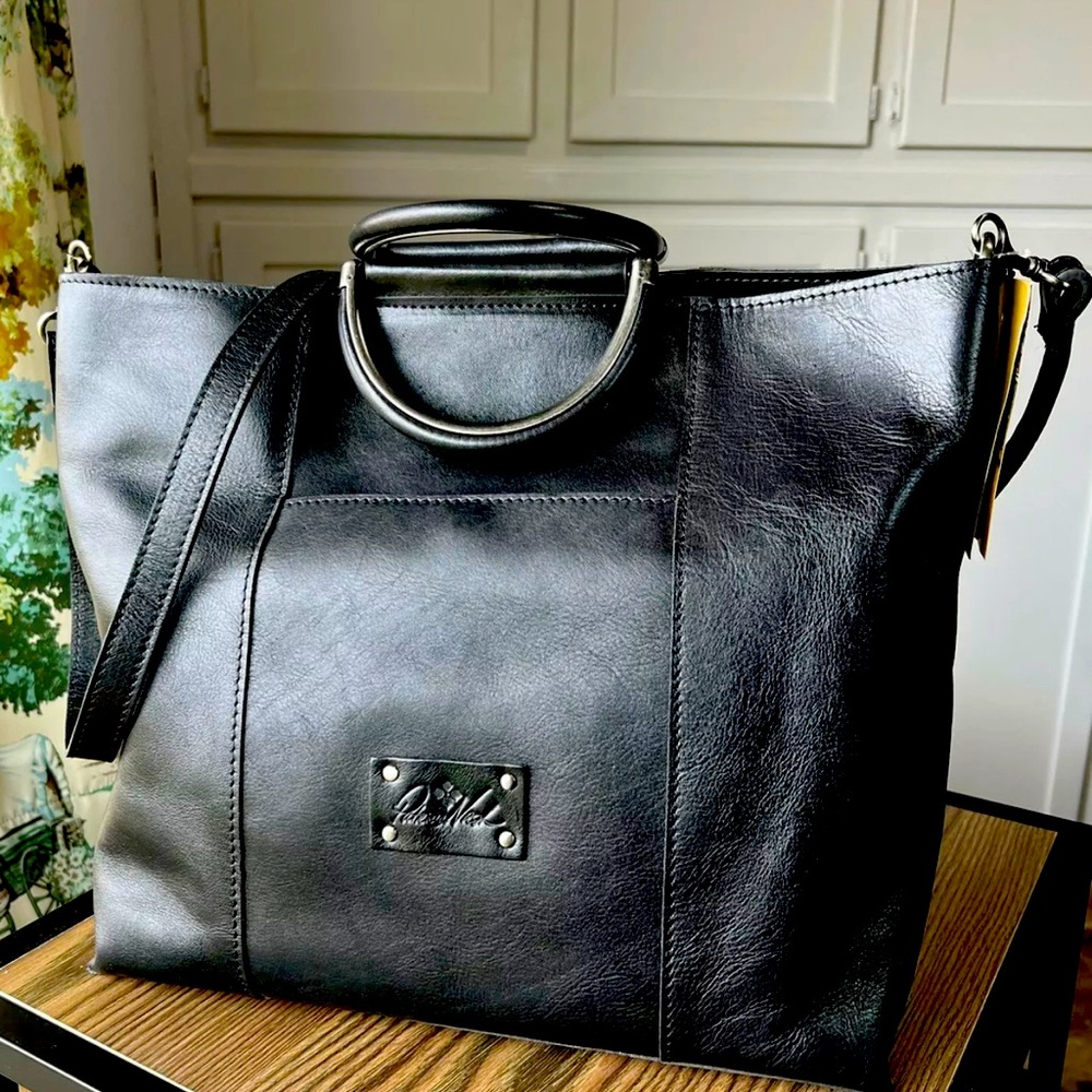 Patricia Nash Elise Leather Metal Handle Handbag Briefcase Tote Black NWT